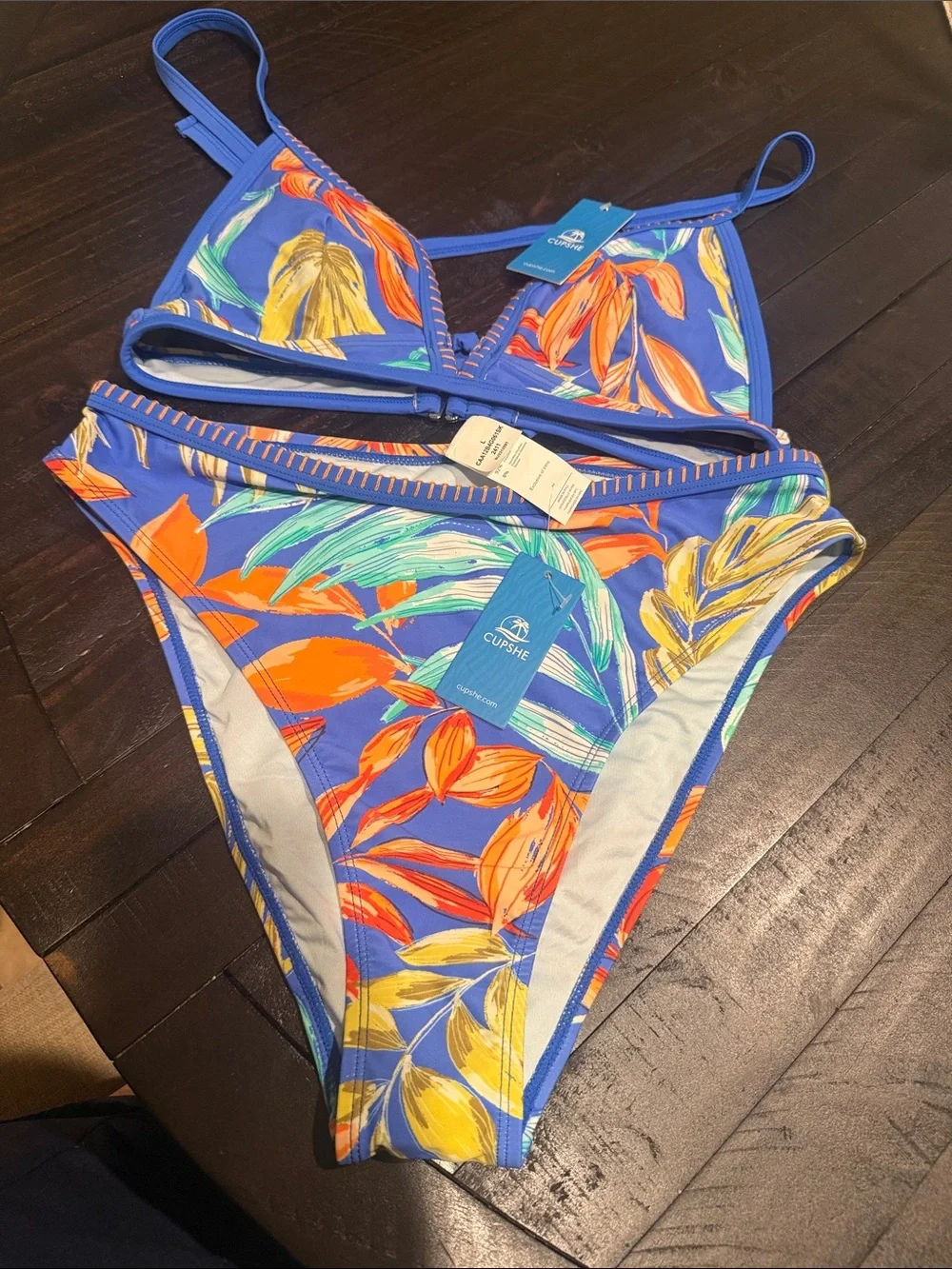 Cupshe Blue Tropical Leaf Print Piece Bikini NWT Top Size M Bottom Size L